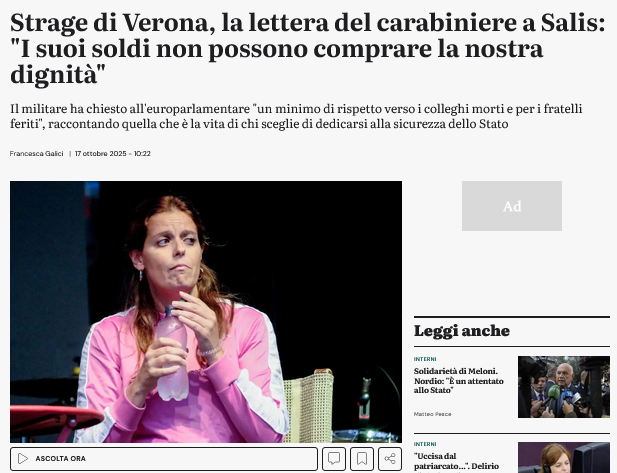 Strage di Verona, la lettera del carabiniere a Salis: "I suoi soldi non possono comprare la nostra dignità"

E' diventata virale la lettera di un #carabiniere all'europarlamentare Ilaria #Salis  in cui, con educazione, spiega perché quel comunicato è stato oggetto di  critica.
