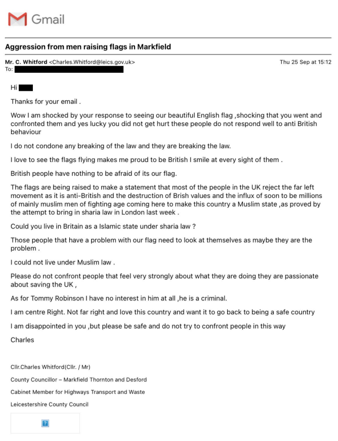 reformexposed's tweet photo. Reform UK Councillor Charles Whitford of Leicestershire Council claims he has no idea where claims about him planning to resign come from.

Well, they come from emails sent from his Council email address. Which we have here.

Note these emails also contain anti-Muslim hate.

@LeicsCountyHall surely this breaches your Councillor Code of Conduct?

https://t.co/g68lceDIDz
