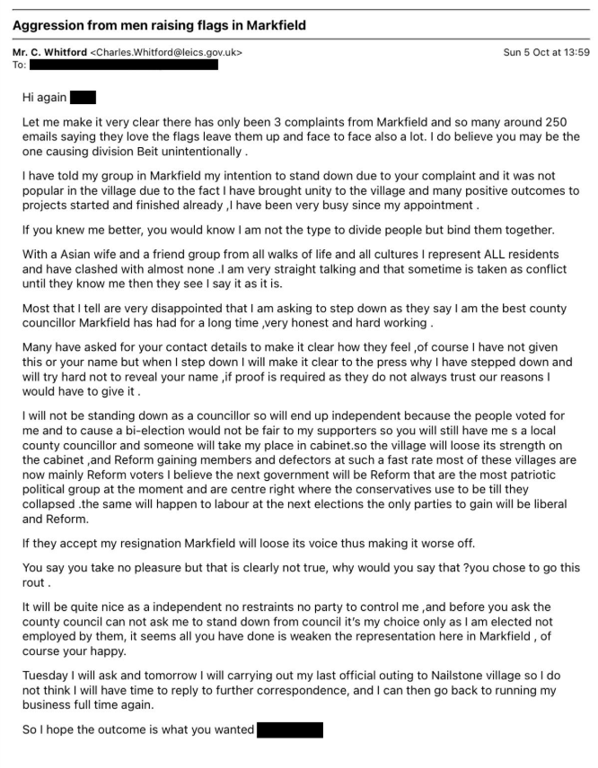 reformexposed's tweet photo. Reform UK Councillor Charles Whitford of Leicestershire Council claims he has no idea where claims about him planning to resign come from.

Well, they come from emails sent from his Council email address. Which we have here.

Note these emails also contain anti-Muslim hate.

@LeicsCountyHall surely this breaches your Councillor Code of Conduct?

https://t.co/g68lceDIDz