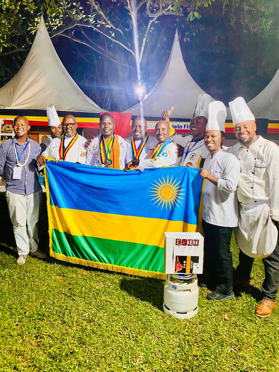 ChefRamson's tweet photo. "#Rwandan chefs proudly raised the flag once again at the East Africa Fusion Festival in Kampala, Uganda! This achievement marks a significant milestone for Rwandan culinary heritage. Huge thanks to the @RwandainUganda for their invaluable support to promoting Rwandan cuisine". https://t.co/xeUsVY0rbt