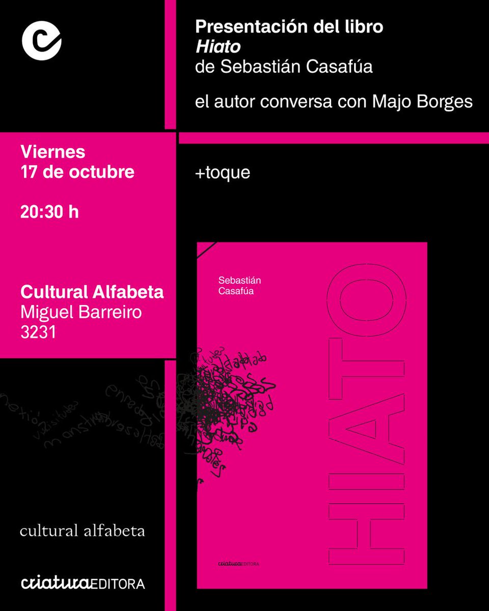 LeoSMattiauda's tweet photo. Esta noche presenta su libro @casafua un querido músico al que vengo acompañando en su camino desde #psimio @contrapedal y me pone muy contento tenerlo también ahora de este lado del mostrador...
#Hiato edita @Criaturaeditora hoy en Alfabeta, 20:30h con la genia de @BorgesMajo https://t.co/1Y8Gs0s68A