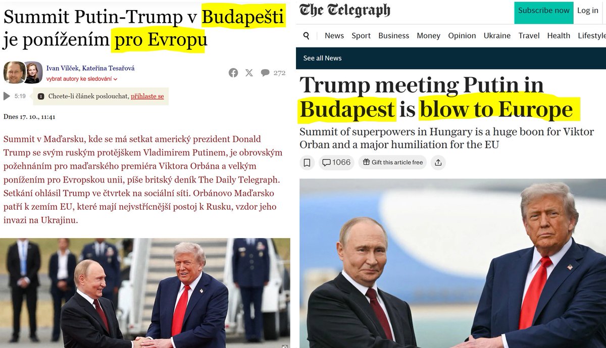 "Summit Putin-Trump v Budapešti je ponížením PRO EVROPU"? Novináři všech zemí, trocha slovíčkaření:
"Evropa" je ten kus na mapě mezi Atlantikem a Uralem. Budapešť je v Evropě, summit je pro ni pocta, ne ponížení.
Onen summit je ponížení pro byrokraty v Bruselu. Nikoliv pro