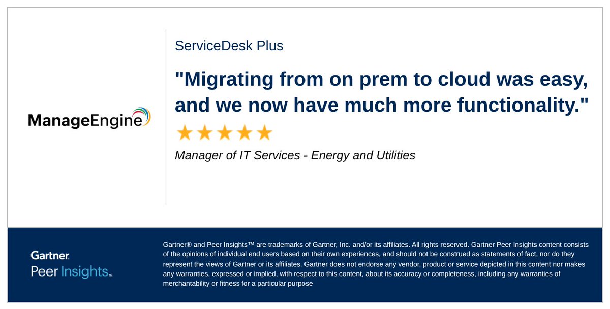 ME_ITSM's tweet image. Manager of IT Services in the Energy and Utilities Industry gives ServiceDesk Plus 5/5 Rating in Gartner Peer Insights™ IT Service Management Platforms Market.
Read the full review here: gtnr.io/G1UYNzk6K
#gartnerpeerinsights #ManageEngine #ITSM