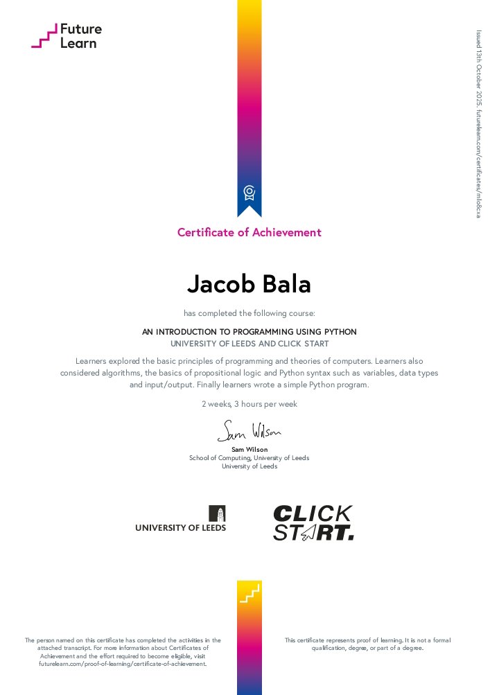 JacobB13092's tweet image. Growth never stops! Just completed my Python course with FutureLearn. 💻✨
Step by step, skill by skill. #KeepLearning #PythonDeveloper