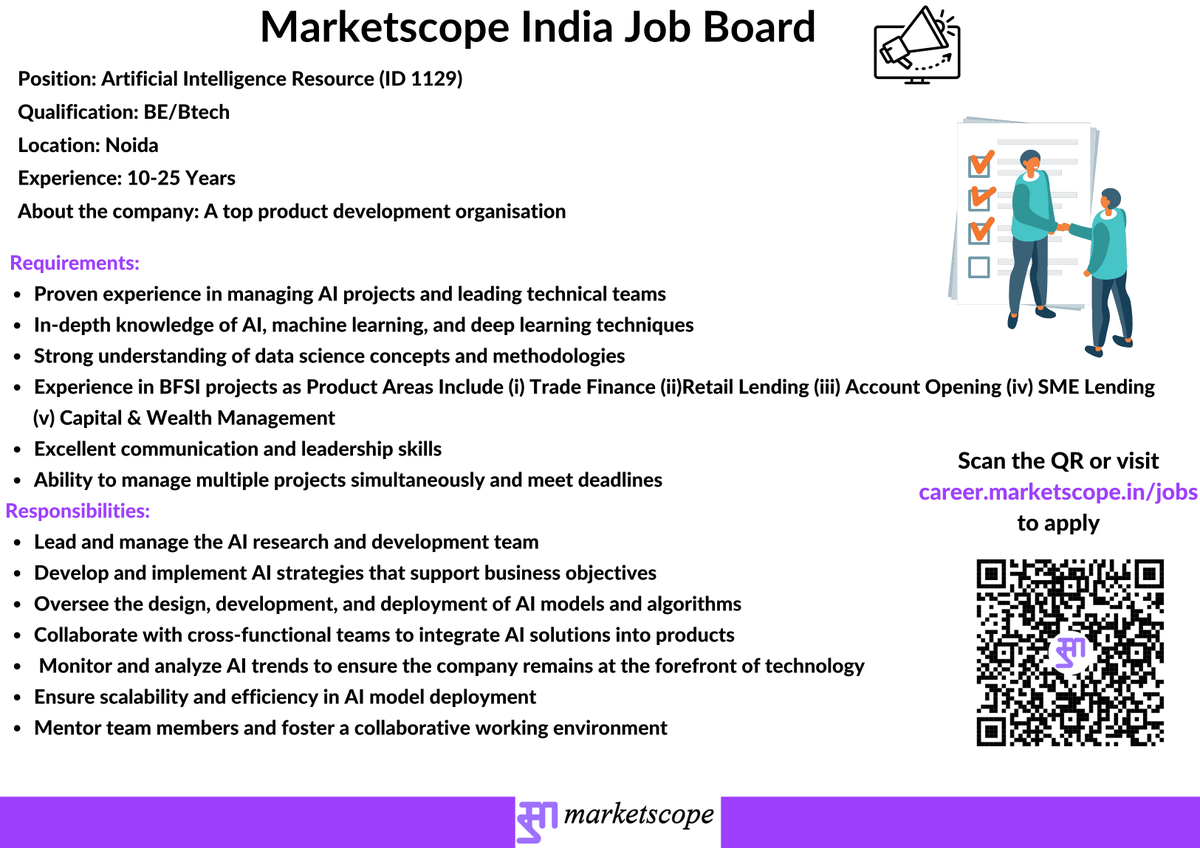 Marketscope_IND's tweet image. Job Alert !!!
We are currently looking for candidates for an ARTIFICIAL INTELLIGENCE RESOURCE for a top product development organisation

Experience: 10-25 Years
Location: Noida

To apply please visit
career.marketscope.in/jobs
(Please search for ID 1129)

For more such updates,…