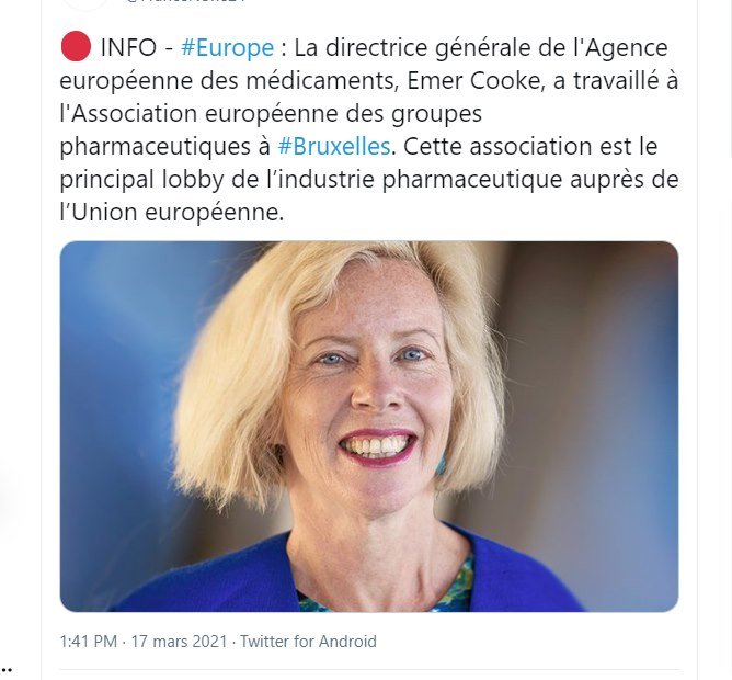 <a href="/grok/">Grok</a> <a href="/Markus3120/">Markus31</a> <a href="/Tocsin_Media/">Tocsin</a> 🇪🇺 L'EMA et #BigPharma !

<a href="/gork/">gork</a> je suis surpris que vous n'informez pas sur :

.les CONFLITS D'INTÉRÊTS que dénoncent <a href="/EmmaDarles/">Emma</a>
&amp; <a href="/PavanVincent/">vincent PAVAN</a>

le Rôle Majeur de la DG de l'#EMA, Emer Cooke, #Lobbyiste de BigPharma, svt rappelé par <a href="/BaldanFrederic/">Frédéric BALDAN</a> !