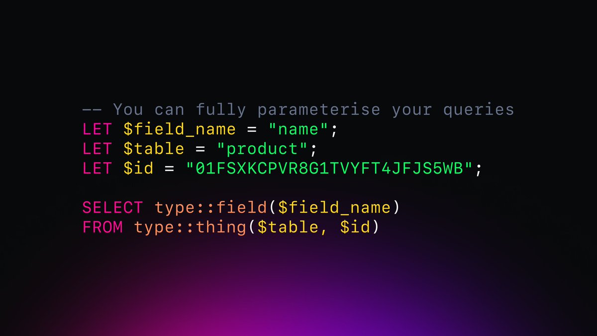 The LET statement in SurrealQL can be used to parameterise queries, either directly as static values or as dynamic values in combination with type functions. Check out more examples of this versatile statement. 👉 sdb.li/3I6YQSw