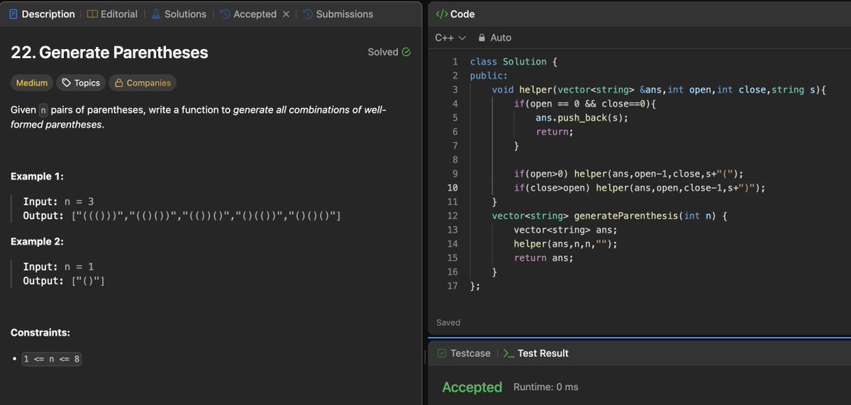 Rohan_269's tweet image. Day 70/200: Solved "Generate Parentheses" 🧩
Used backtracking to build all valid combinations by tracking open and close brackets. 
Loved how elegant and logical the recursion tree looks for this one.
#200DaysOfCode #LeetCode #Day70 #strivers #A2ZDsa #CodingChallenge