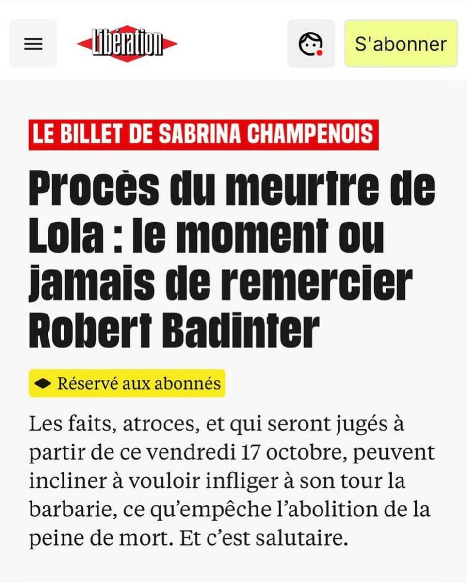 JeanMessiha's tweet photo. Pour le torchon Libération, la France doit dire merci à Robert Badinter qui, en abrogeant la peine de mort, a permis à Dahbia Benkired, l’ordure OQTF qui a massacré la petite Lola, d’échapper à la peine capitale en lui permettant d’être libre un jour.

L’ignominie et l’abjection ont désormais un visage : celui de @libe.