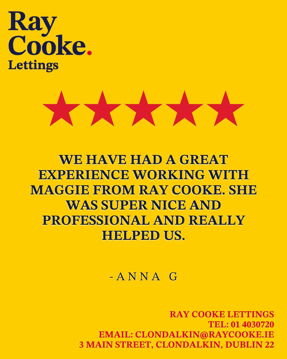 REVIEW TIME ⭐️⭐️⭐️⭐️⭐️ 

Another great review in for Maggie in our Terenure office ✅🔑 

Are you looking to deal with a letting agent who knows the market and how to achieve the best result for both landlords and tenants? Get in touch 📲 01 403 0720

#raycookelettings #lettings
