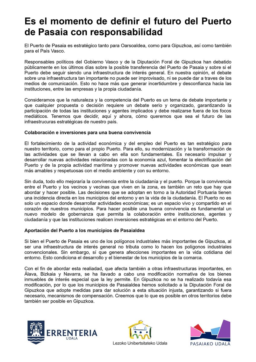 Pasaiako Portuaren etorkizuna arduraz landu eta erabaki behar da, eztabaida inprobisatu publikoetatik aldenduta.

Está en juego garantizar que el Puerto de Pasaia siga siendo una infraestructura estratégica para nuestro territorio.