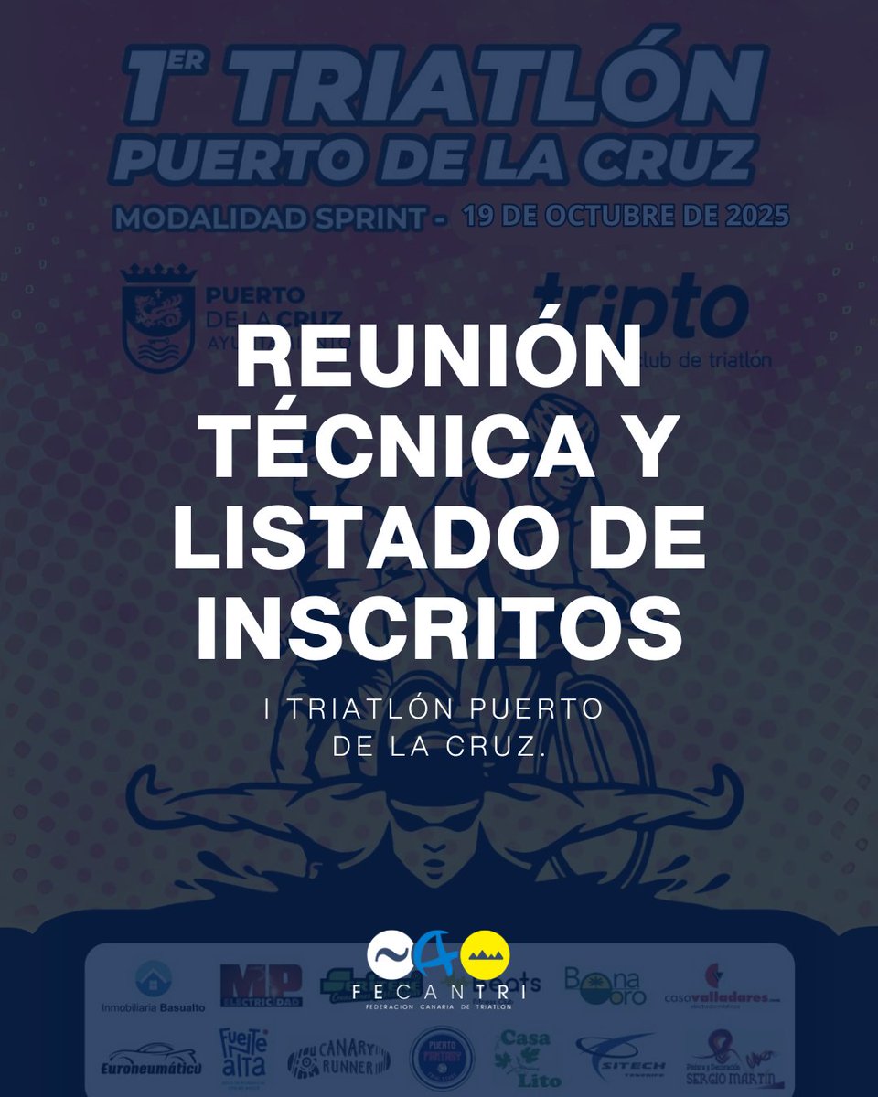 📢 REUNIÓN TÉCNICA y LISTAD DE INSCRITOS del I TRIATLÓN DE PUERTO DE LA CRUZ que tendrá lugar este domingo  📆 19 de octubre. fecantri.org/pruebas/32883-…

#triatlón #fetri #fecantri #somostriatlón #Dgd #GobiernodeCanarias