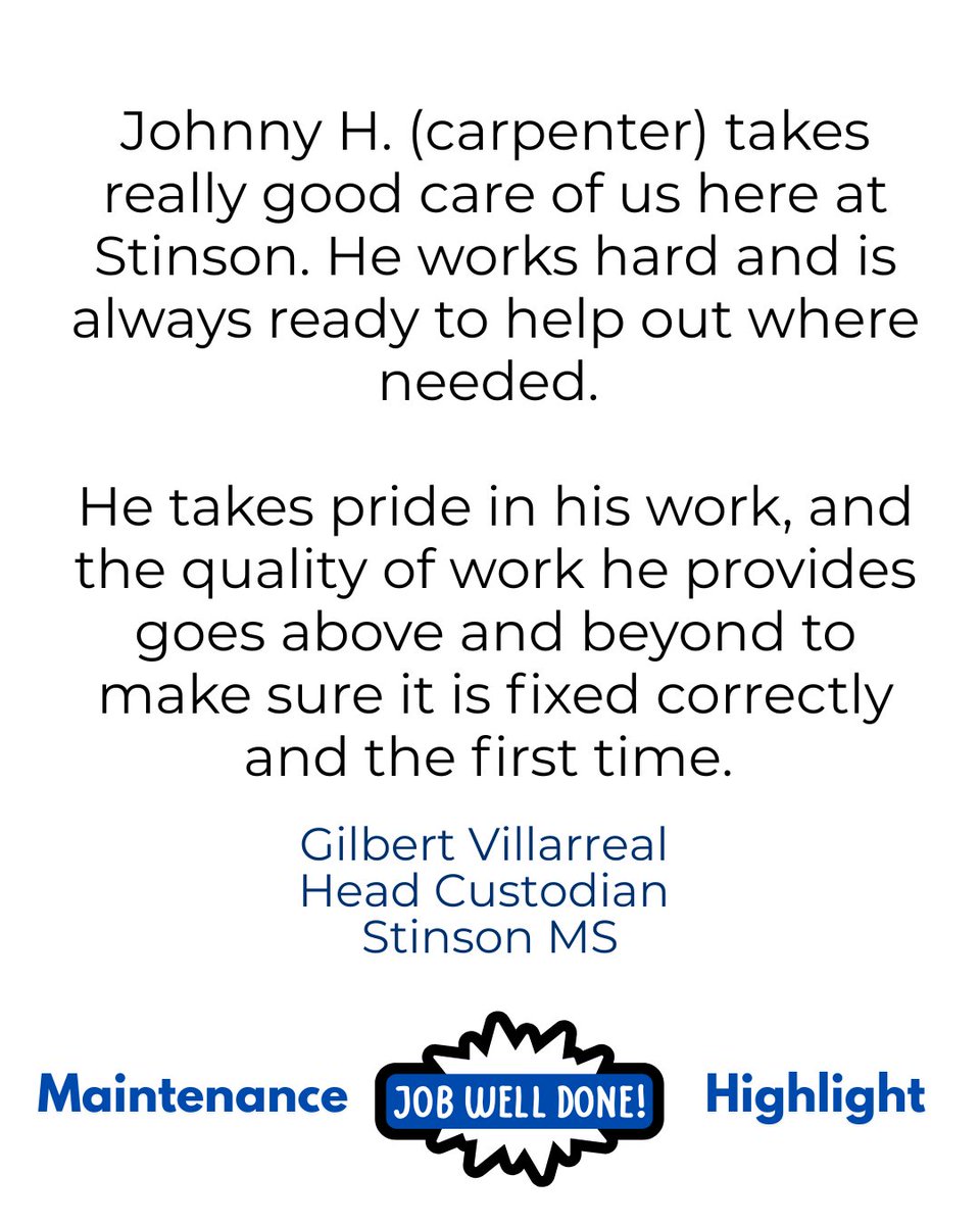 NISD_Maint's tweet photo. Thank you, Gilbert, for the kind words about our #NISDMaintenance carpenter, Johnny H.
#teamnorthside #northsideisd #nisdunstoppable https://t.co/OTf2Su1Yq1