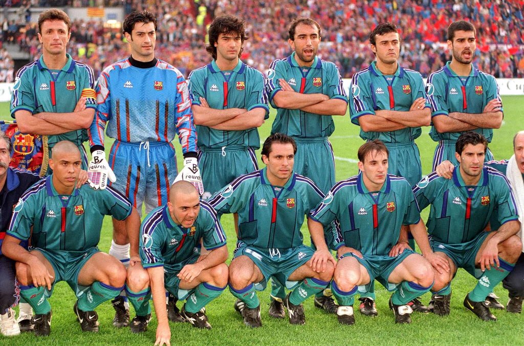 Classic! The 1995-97 Barcelona away shirt; a bold teal masterpiece from Kappa’s golden era. Worn by legends like Figo, R9, Stoichkov and Guardiola, it perfectly captured 90s swagger with those iconic sleeve taping stripes. Underrated? Definitely. 

#Barça #VintageKits #Kappa