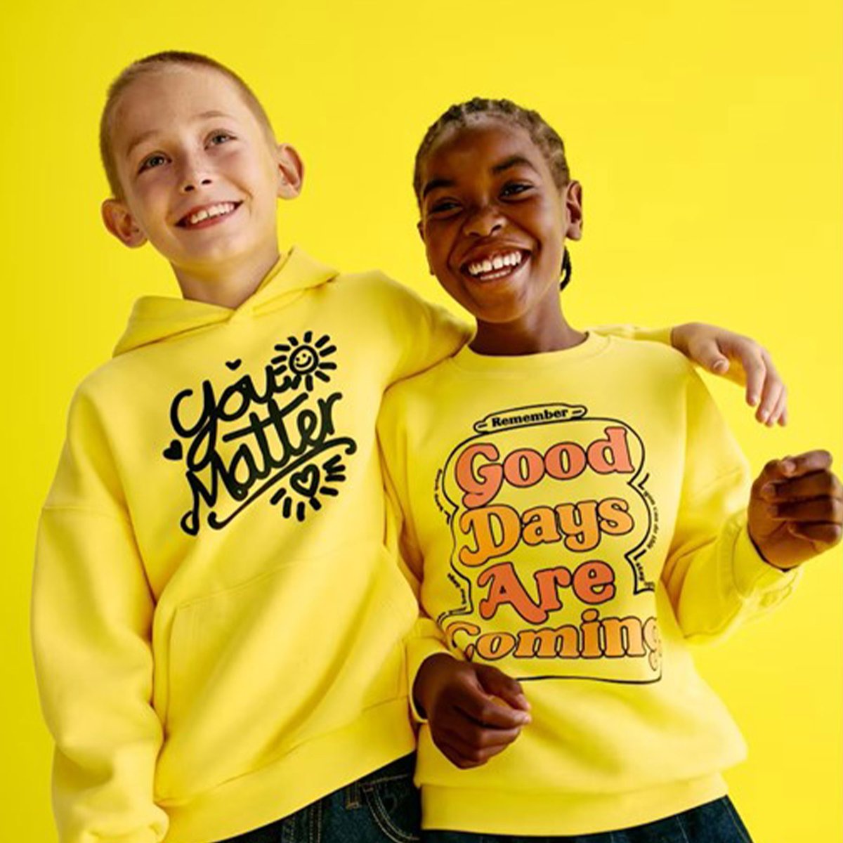 MandSHeritage's tweet photo. A cheerful jumper can brighten up your day, and everyone else's too! From this 1970s knit to the brilliant winning designs in our Hello Yellow Young Designer Competition. 

Congrats to Scarlett, Ruchie, Andrea &amp; Betty! 

All profits from sales of the collection go to YoungMinds. https://t.co/2c55VBEF7b