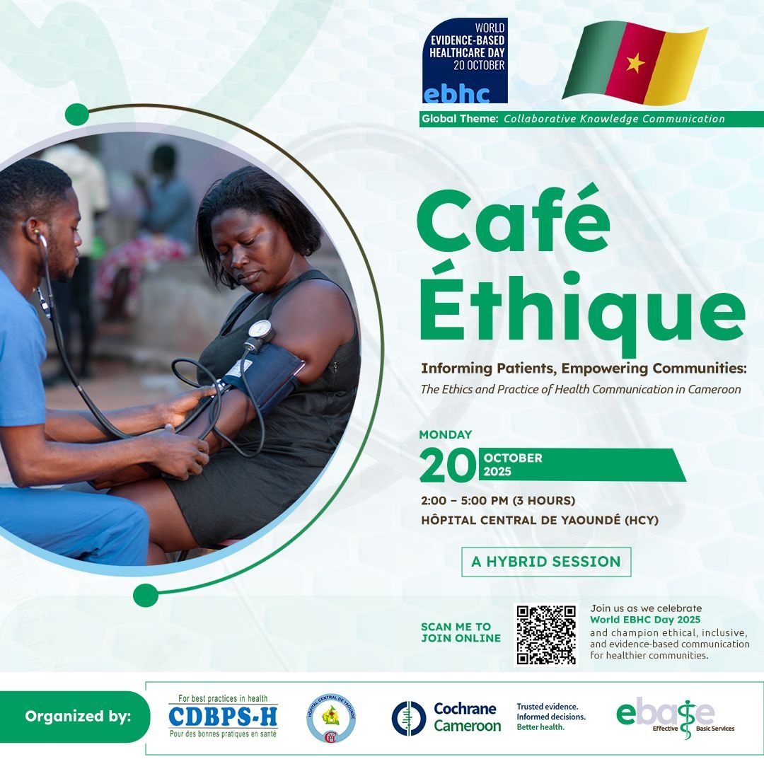 ebase_africa's tweet photo. Join us on Monday, Oct 20 for the Café Éthique Forum at the Yaoundé Central Hospital or online as part of the global celebration of the @WorldEBHCDay 2025 under the theme "Collaborative Knowledge Communication."

 🕐2pm(WAT)
👉 Register now: https://t.co/1WqGaN3ndx

#WorldEBHCDay https://t.co/MXTHcl3vyg