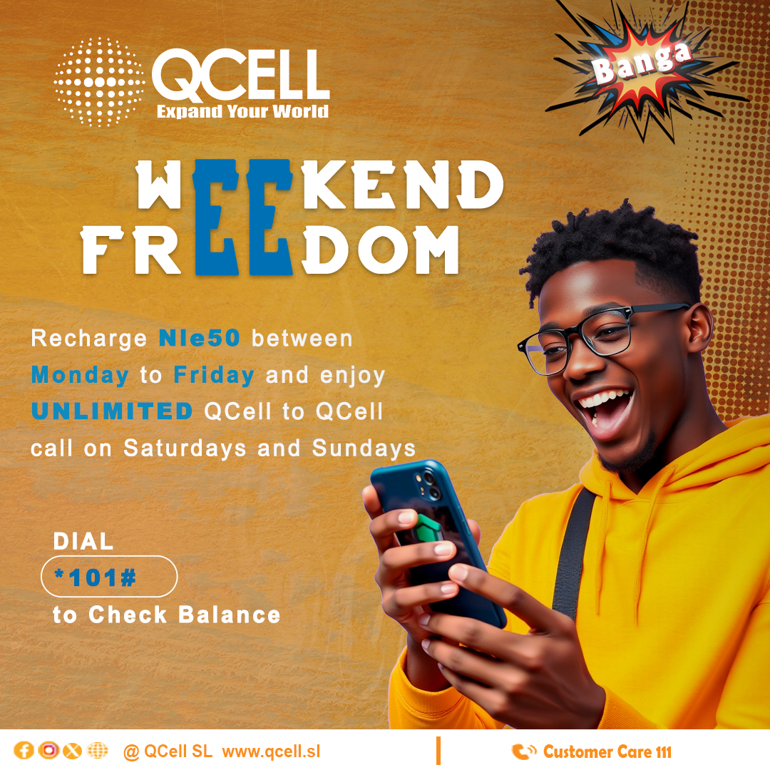 QcellSL's tweet photo. Recharge Le50 from Monday to Friday and enjoy Unlimited QCell to QCell calls all weekend long.
Tok tae go with u family or friends for as long as you want.
Call 111 for more info Itโs a Banga ๐ช๐พ
#WeekendFreedom
#TalkMoreforLess
#Banga https://t.co/gQkORRmwKg
