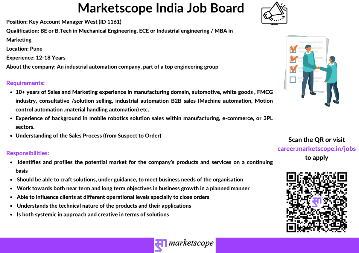 Marketscope_IND's tweet image. Job Alert !!!
We are currently looking for candidates for a KEY ACCOUNT MANAGER WEST for an industrial automation company, part of a top engineering group

Experience: 12-18 Years
Location: Pune

To apply please visit
career.marketscope.in/jobs
(Please search for ID 1161)

For more…