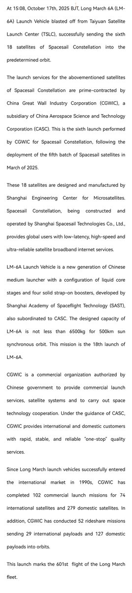 CGWIC's tweet photo. CGWIC Successfully Launches the Sixth Batch Satellites of Spacesail Constellation by LM-6A Launch Vehicle https://t.co/EXacf7JiaW