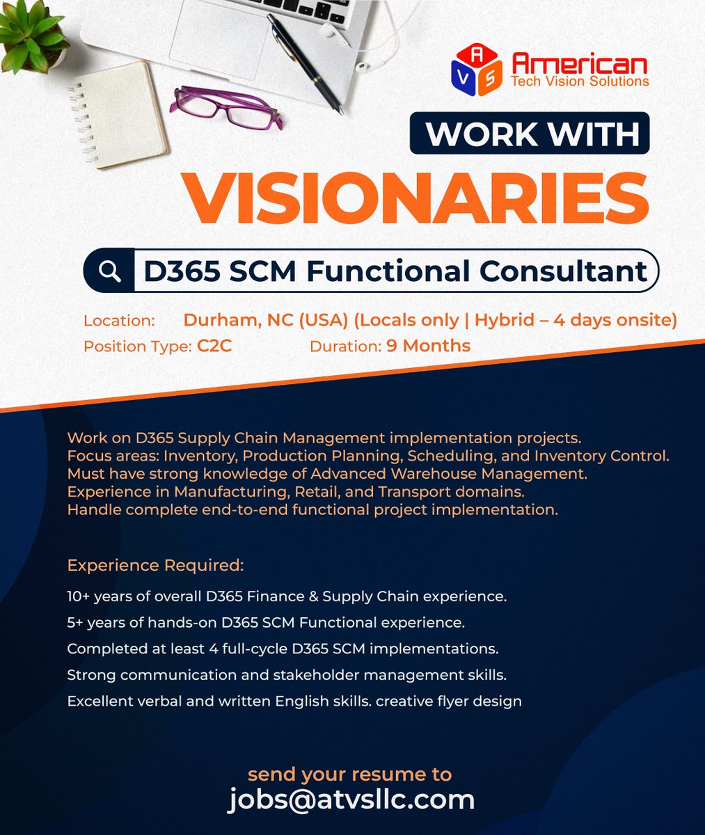 TechAtvs's tweet image. 🚀 We’re Hiring!
D365 SCM Functional Consultant | Durham, NC (Hybrid - 4 days) | C2C | 9 Months
✅ 10+ yrs D365 F&SC
✅ 5+ yrs SCM Functional exp
✅ 4+ End-to-End Implementations
💡 Expertise: Inventory, AWM, Manufacturing, Retail, Transport
📧 Apply: jobs@atvsllc.com
#ATVS