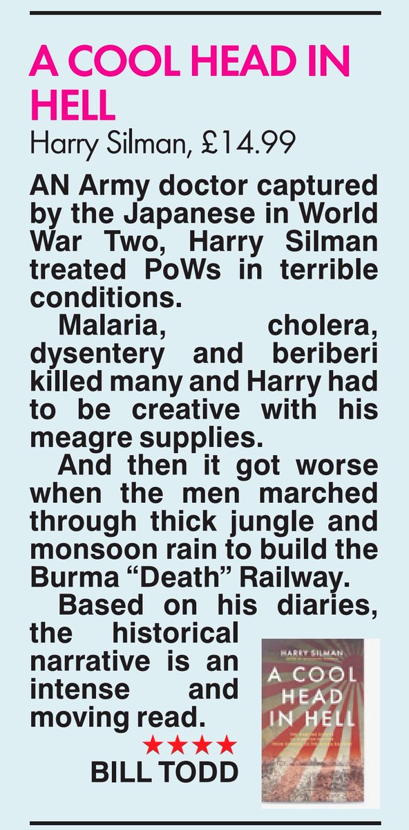 Harry Silman gives a vivid account of life and death as a doctor to British WW2 prisoners of war under the Japanese in A COOL HEAD IN HELL. Here's my review in <a href="/natashahwrites/">natashahardingwrites</a>'s #sunbookscolumn - #factual #DIARY #History #war #WW2 #Singapore #Burma #books #reviews #BookReview