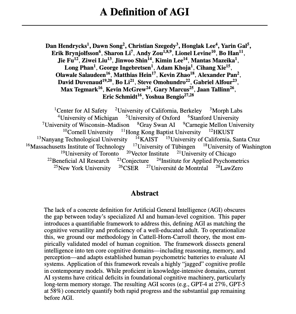 alex_prompter's tweet image. I finally understand what AGI actually means… and it’s all thanks to a new paper from some of the biggest names in AI Yoshua Bengio, Dawn Song, Max Tegmark, Eric Schmidt, and others.
For years, everyone’s been throwing the term AGI around like it’s some mystical milestone. But…