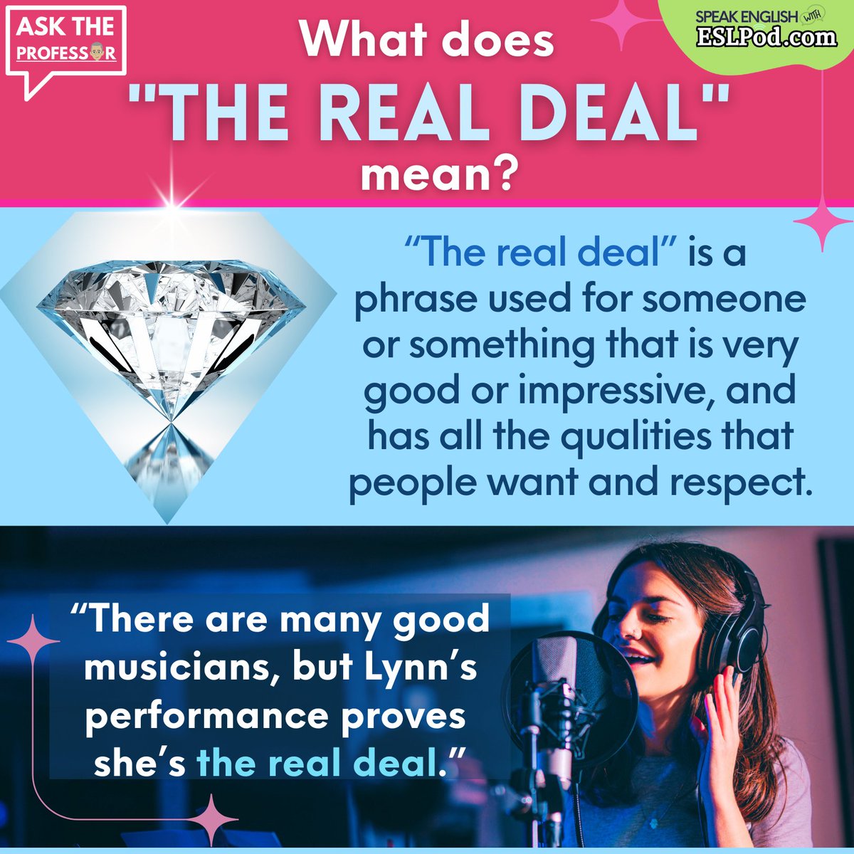 eslpod's tweet photo. WHAT DOES "REAL DEAL" MEAN?
Looking for a new way to improve your English? Try one of our Unlimited English lessons for FREE. Just go here:
https://t.co/8a7AIx52kd
~Jeff
#askateacher #vocabulary #englishvocabulary #learnenglish #helpwithenglish #helpwithenglishwords https://t.co/11MY03VuQl