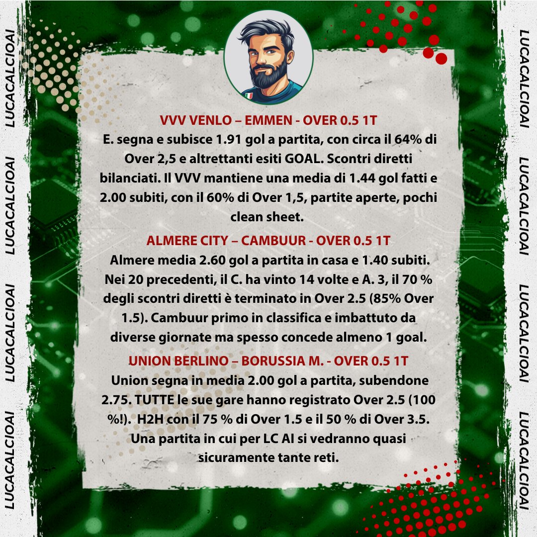LucaCalcioAI's tweet image. 🔥 Chiudiamo con questo Tris Over Primo Tempo!
🇳🇱 Tre over, due match Olanda 2 il nostro campionato preferito per i goal!

#Calcio #Pronostici #Partite