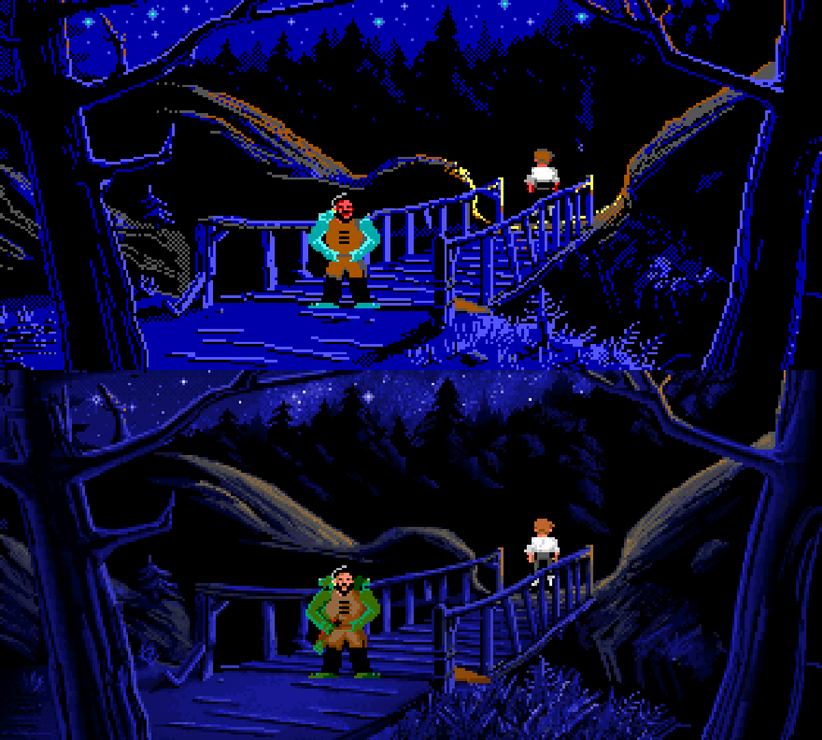 Guybrush Threepwood feeds the troll by giving him a red fish he obtained from the Scumm Bar.

Top: EGA’s 16-colour palette Bottom: VGA’s 256-colour palette.

Both from The Secret of #MonkeyIsland.