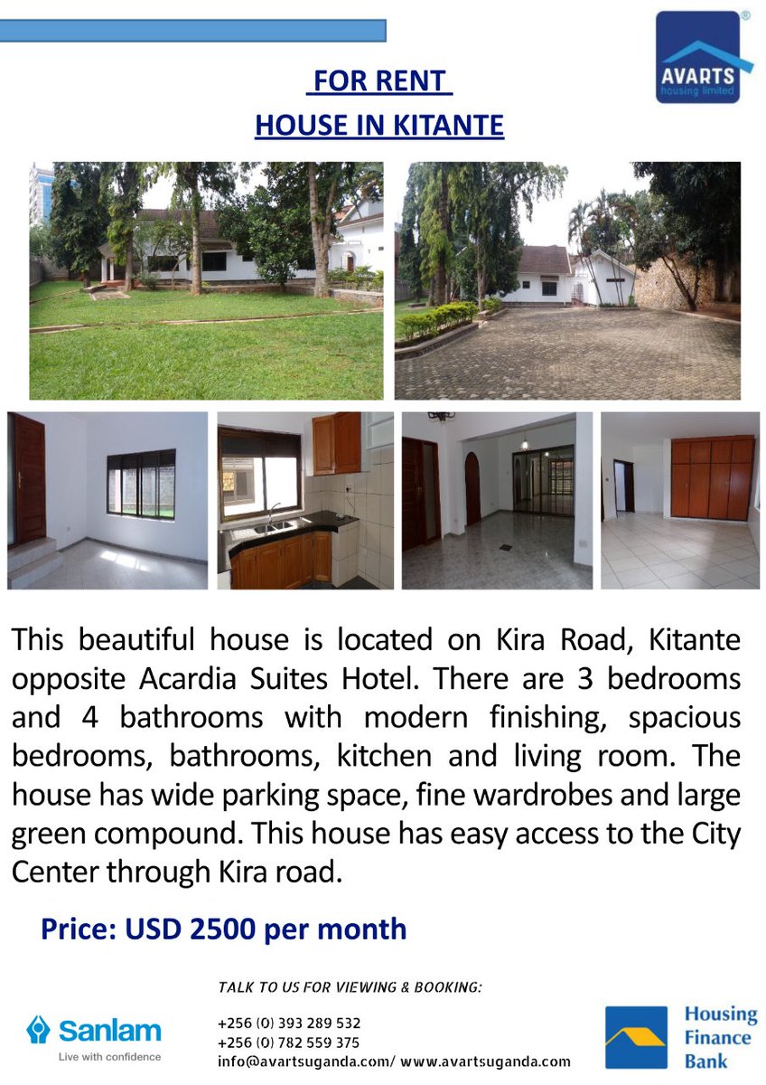 Check out this stunning 3-bedroom house in Kitante. Features 3 spacious bedrooms, 4 modern bathrooms, wide parking space, and a lovely green compound. Easy access to City Center via Kira Road. Contact Avarts Housing for viewing &amp; booking #RealEstate #Uganda #HouseForRent
