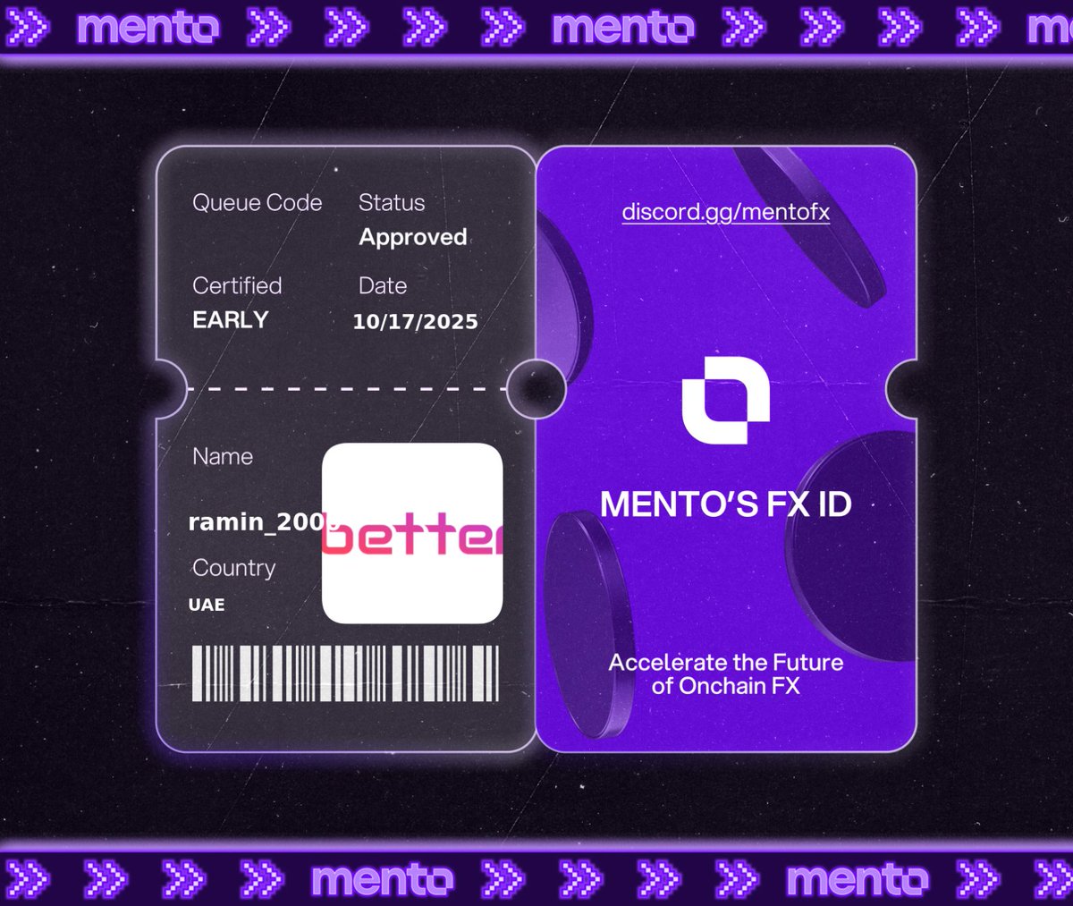 I’m now verified early to the global onchain FX layer, with my Mento FX ID.

The future of money runs here w/ <a href="/MentoLabs/">Mento (fx/acc)</a>

fx/acc 

discord.gg/mentofx