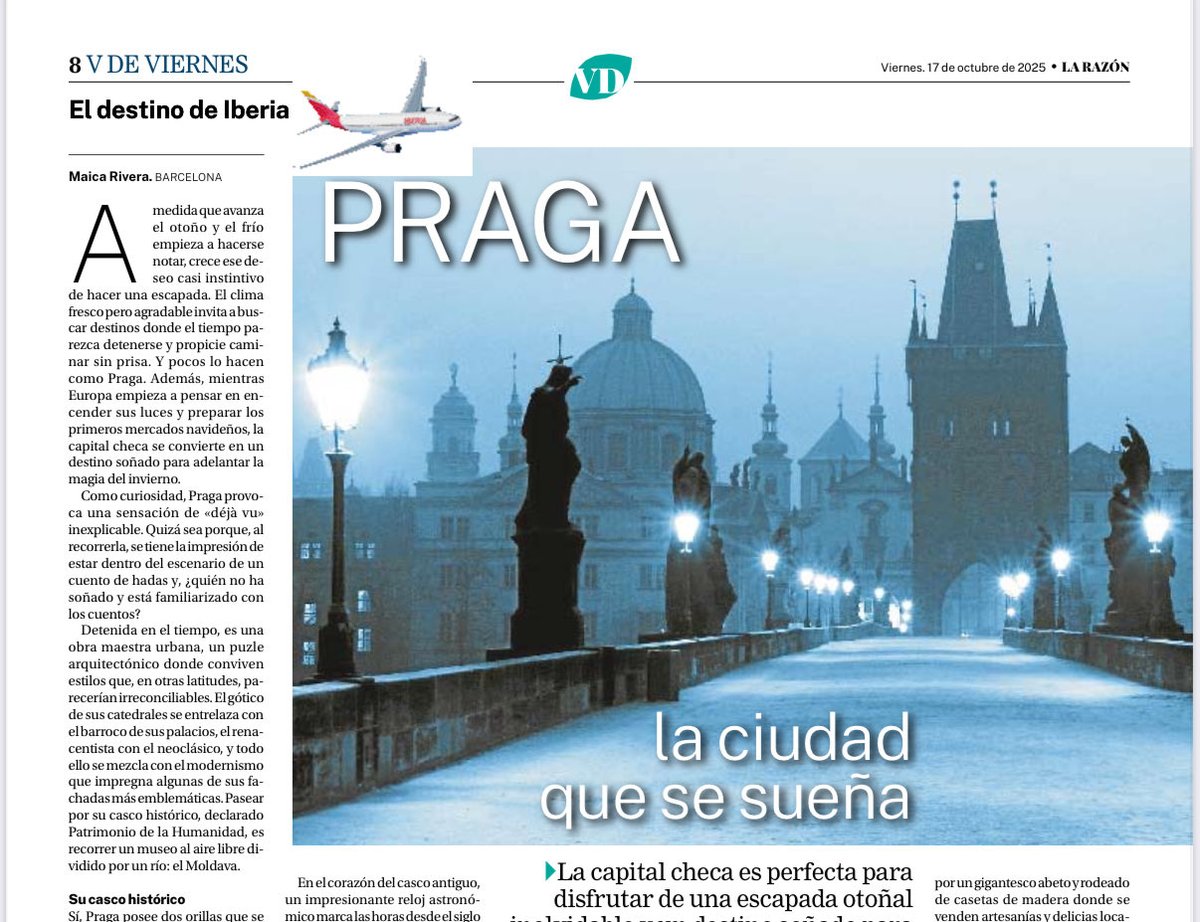 Hoy, en <a href="/larazon_es/">La Razón</a> , propongo un destino una sensación de «déjà vu» inexplicable. Y es que, ¿quién no ha soñado con cuentos de hadas 😊?
*En edición impresa, y en digital 👉 larazon.es/viajes/praga-c…
#Praga #viajar ✈️