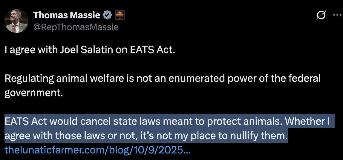One of the most conservative members of Congress, Thomas Massie, has come out against the EATS Act, an unconstitutional effort by Big Ag to erase state animal cruelty laws across the nation.