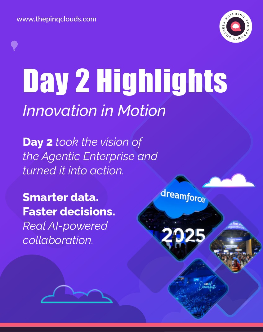 thepinqclouds's tweet image. If Day 1 was about vision, Day 2 was all about action.

#Salesforce brought innovation to life with #Agentforce360, #Data360 &amp;amp; #Slack automation — turning AI into real impact.

Stay tuned for Day 3 wrap-up!

@salesforce
@partnerforce
@appexchange
@SalesforceDevs
@SalesforceAdmns