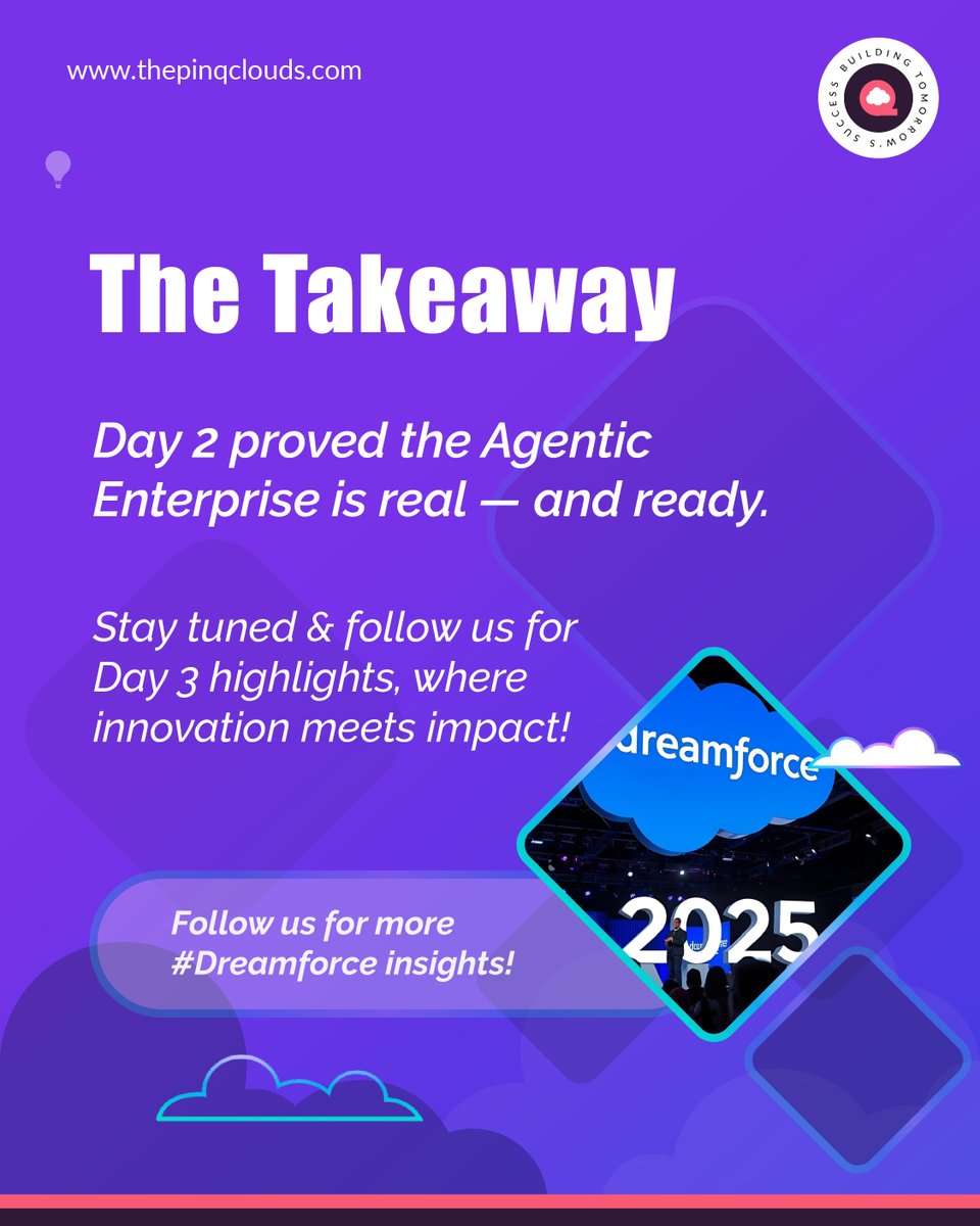 thepinqclouds's tweet image. If Day 1 was about vision, Day 2 was all about action.

#Salesforce brought innovation to life with #Agentforce360, #Data360 &amp;amp; #Slack automation — turning AI into real impact.

Stay tuned for Day 3 wrap-up!

@salesforce
@partnerforce
@appexchange
@SalesforceDevs
@SalesforceAdmns