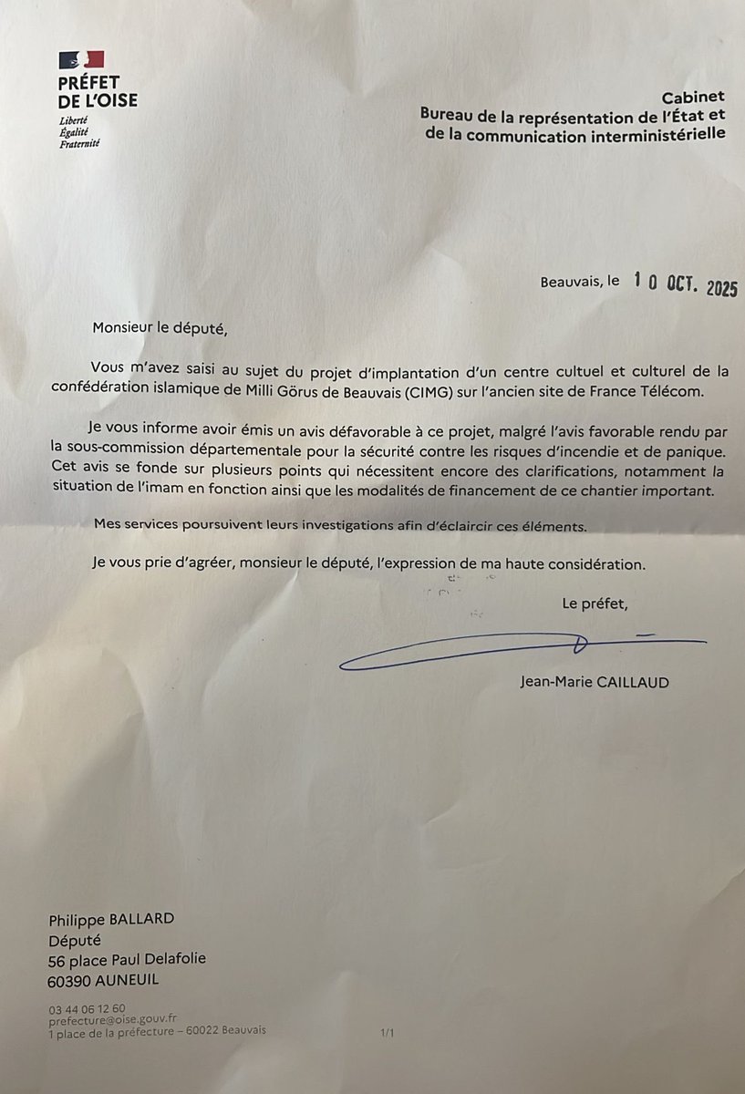 🔴 Je prends note de la décision actuelle du <a href="/Prefet60/">Préfet de l'Oise</a>, saisi par mes soins, qui a émis un avis défavorable à la construction d’un centre cultuel et culturel porté par la confédération islamique Millî Görüş à #Beauvais !

Je resterai vigilant sur la suite de la procédure.