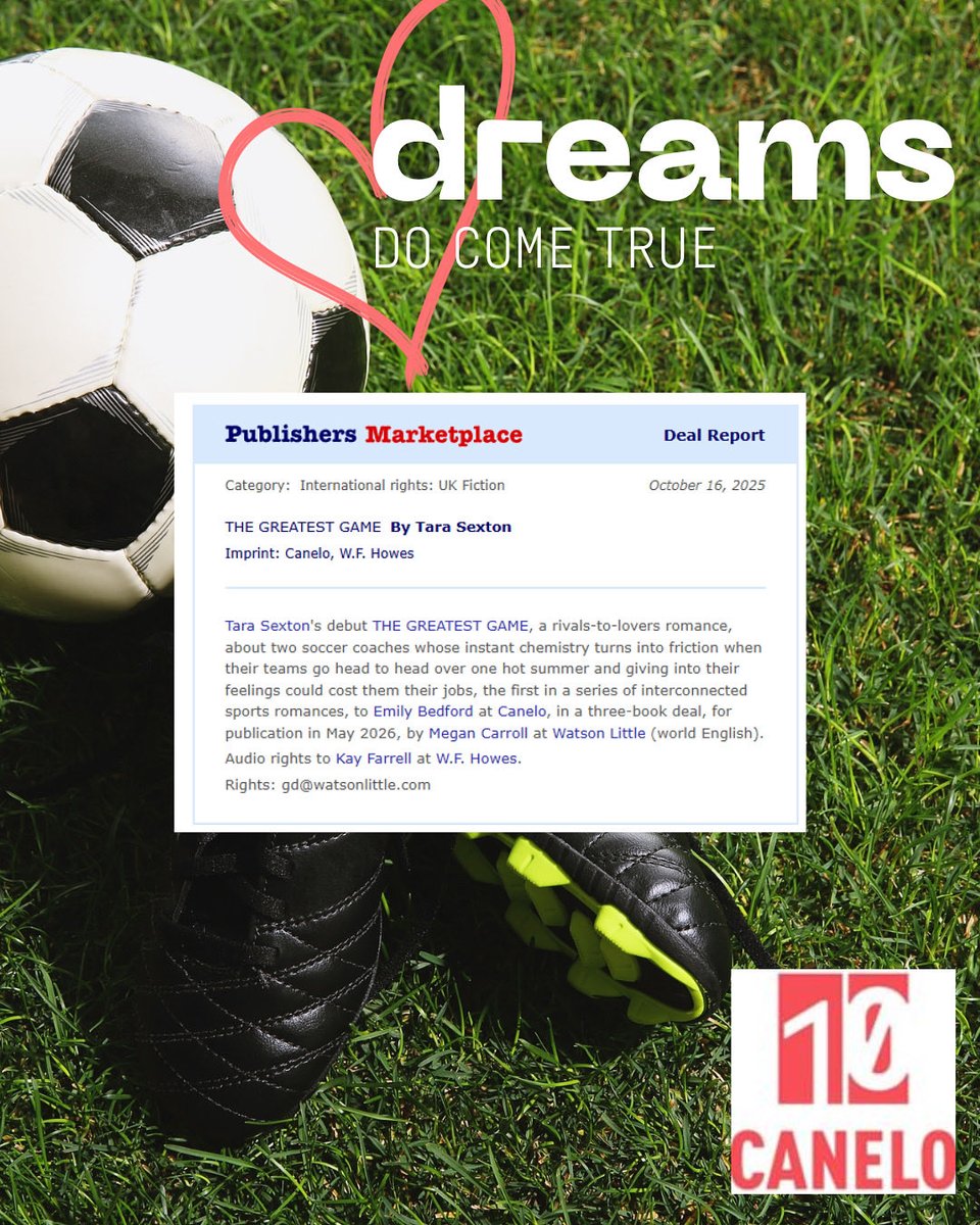 HAPPY FRIDAY!!

I am so, so excited to share this news with you. So many of you have been with me for this entire journey and it’s been a long one. 

Over ten years chasing a dream. 

My debut sports romance, The Greatest Game, will be published by <a href="/canelo_co/">Canelo</a> in May 2026! 🩷⚽️🩷