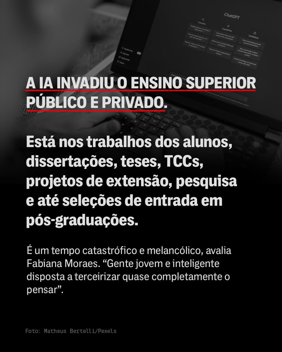 A IA invadiu o ensino superior. Está nas sala de aula, nos trabalhos, textos de qualificações, dissertações, teses, TCCs, projetos de extensão, pesquisa, seleções de entrada em pós-graduações. Em coluna para o Intercept, <a href="/fabi2moraes/">fabiana moraes</a> mostra como a academia brasileira está