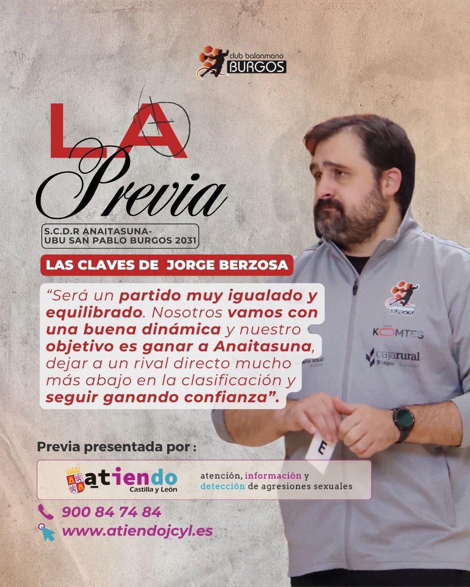💥 Ya está aquí #LaPrevia de la mano del Plan Atiendo de la <a href="/jcyl/">Junta de Castilla y León</a> 

👉🏻 El UBU San Pablo Burgos 2031 se mide al <a href="/AnaitasunaBM/">ANAITASUNA</a> en un duelo clave para seguir escalando posiciones.

🗣️ Puedes leer aquí las claves de la jornada

📲 Y la previa completa aquí: balonmanoburgos.es/ficha/Z1EB397E…
