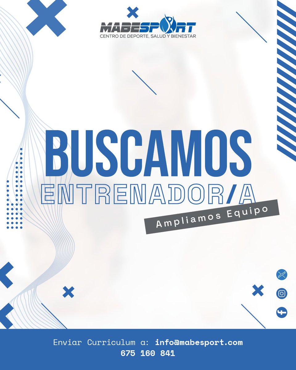 💪 Buscamos entrenador/a personal (CAFD).
Disfrutar del deporte, trabajar en equipo y mejorar en salud y rendimiento… contamos contigo.