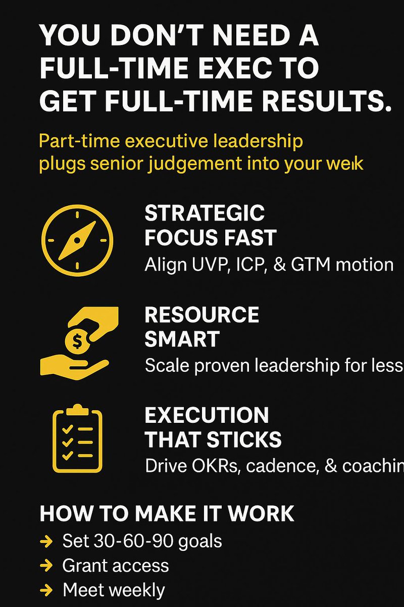 You don't need a full-time exec to get full-time results.

Part-time executive leadership plugs senior judgment into your week, without the payroll drag. You get clarity, speed, and a playbook your team can run.

➤ Strategic focus fast: align your UVP, ICP, and GTM moti