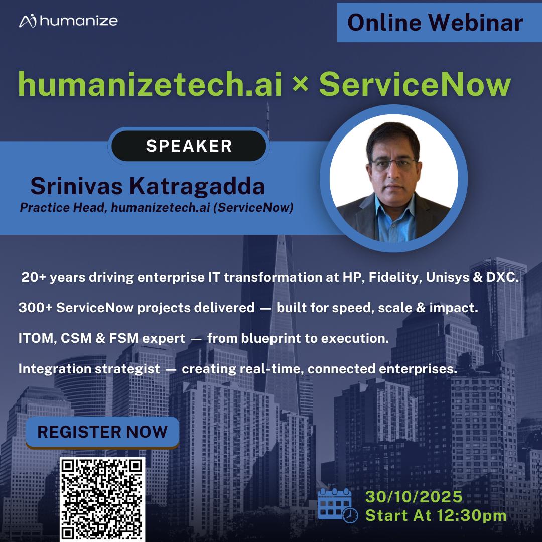 humanizetech_ai's tweet photo. Learn how humanAIze helps enterprises go from blueprint to execution - 60% faster and 90% more accurate.  

🗓️ 30th Oct | 12:30 PM (IST)  

🔗 Register Now: https://t.co/DJjYYfjPAS 

#ServiceNow #EnterpriseIT #Automation #AI #humanAIze #HumanizingTechnology https://t.co/u9SlEUWQso