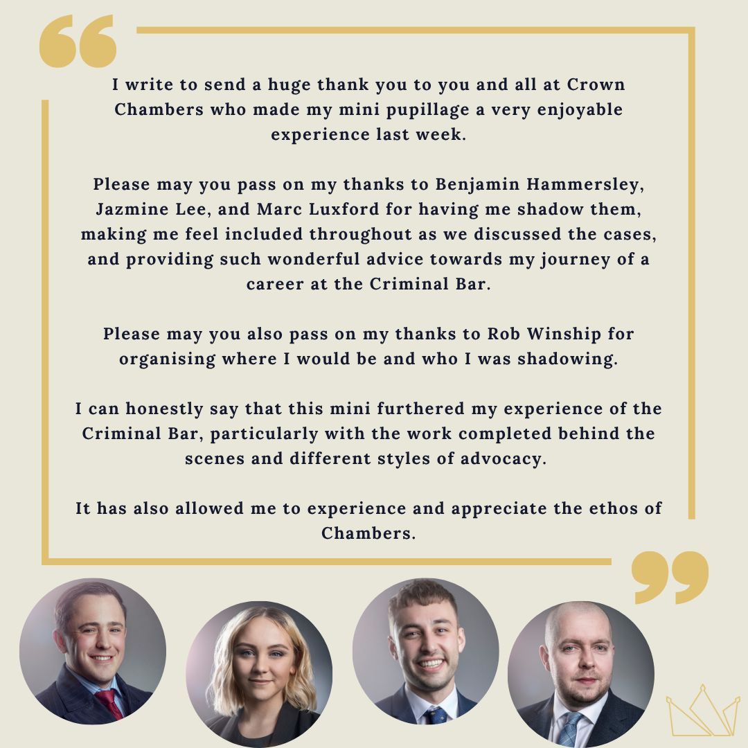 CrownChambers's tweet photo. We were pleased to receive such positive feedback from a recent mini-pupil following their time with our barristers during a mini-pupillage. 

It's great to hear that their experience proved both valuable and insightful. 

#positivefeedback #minipupillage https://t.co/UNfUMhx8AU