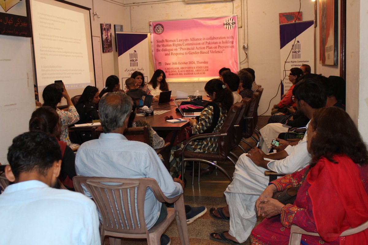 Press Release
Karachi: 16 October 2025
Announcement of a Provincial Action Plan Against Gender-Based Violence.

The Sindh Women Lawyers Alliance  organized a high-level dialogue at Human Rights Commission of Pakistan office in Karachi to address pandemic of gender-based violence.