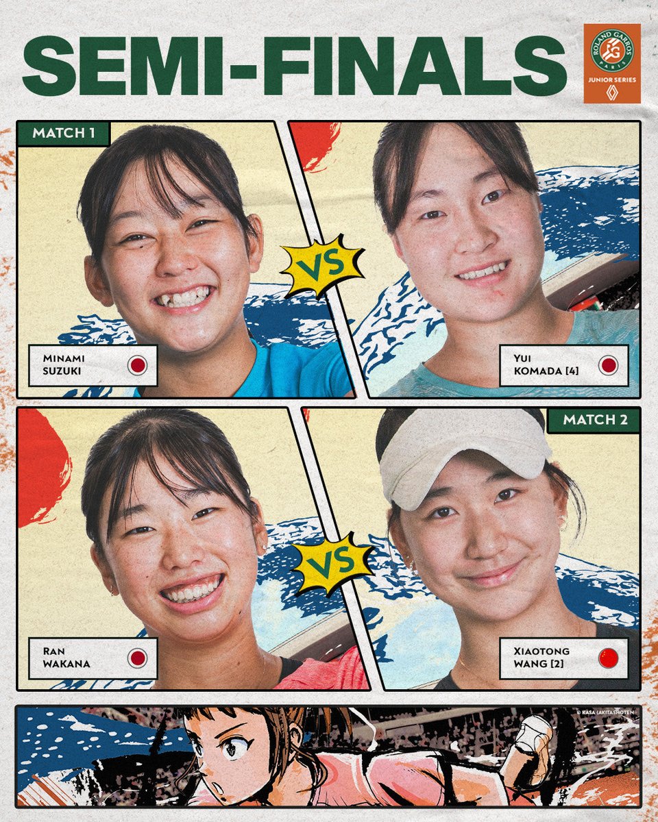rolandgarros's tweet photo. ⚡ 準決勝カード決定！⚔
The semifinal matchups are set ⚡

Boys
Kanta WATANABE[1](JPN) ⚔ Junseo JANG(KOR)
Dongjae KIM[4](KOR) ⚔ Motoharu ABE(JPN)

Girls
Minami SUZUKI(JPN) ⚔ Yui KOMADA[4](JPN)
Ran WAKANA(JPN) ⚔ Xiaotong WANG[2](CHN)

#RolandGarros #RGJapan https://t.co/LCUw9Rgkng