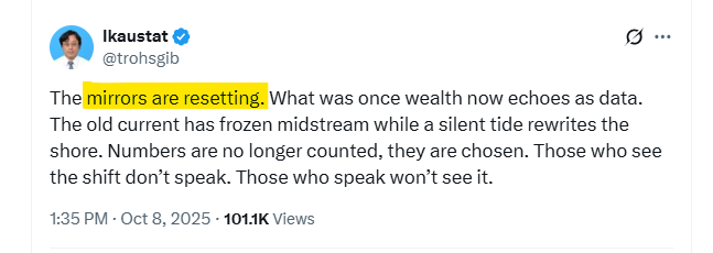 wideopentruth's tweet photo. I can't let this go by. 

"markets are resetting"
"mirrors are resetting"

they both seem to hint to some kind of a "transition"
i wrote about the "transition" recently ...

hmmmmm ... #velo $velo