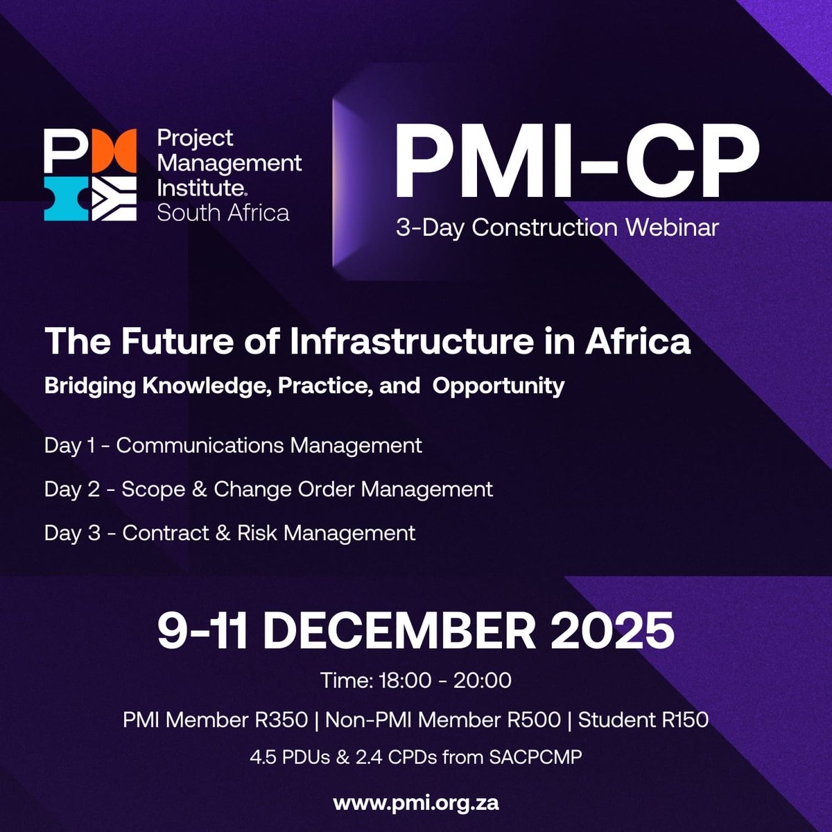 PMISouthAfrica's tweet image. Build the future! 🏗️
3-day webinar on African infrastructure.
Topics: Comms, Scope, Contracts &amp;amp; Risk.
Dec 9-11 | Earn PDUs/CPDs.

Register: pmi.org.za/event-registra…

#ProjectManagement #FutureOfInfrastructure
