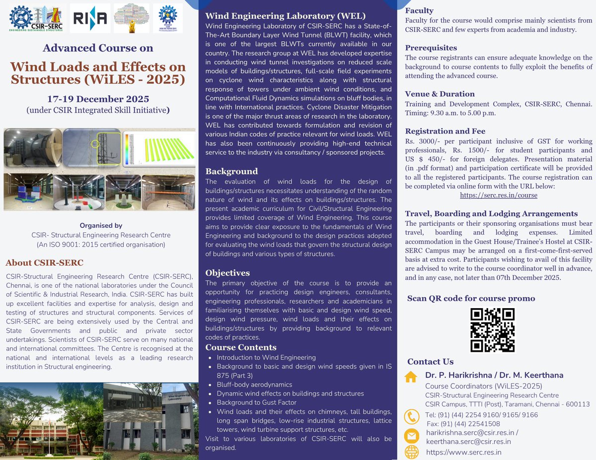 csir_serc's tweet image. Advanced Course on "Wind Loads and Effects on Structures (WiLES - 2025)" - 17 to 19 December 2025
@CsirSkill