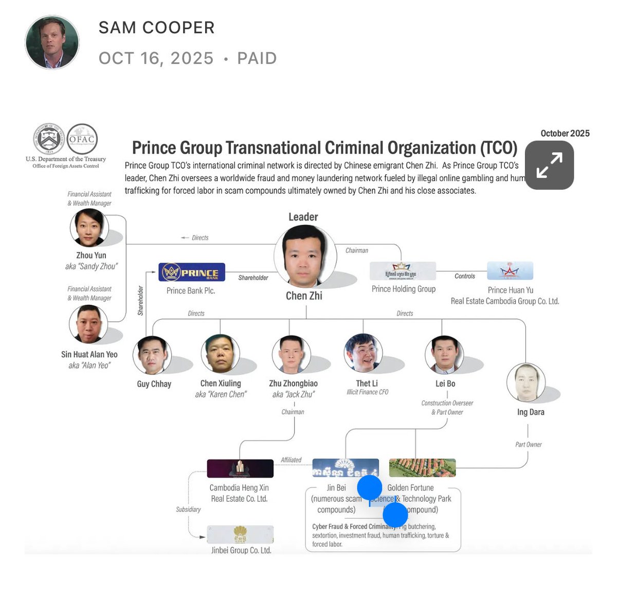 カンボジアで大規模なオンライン詐欺や人身売買を組織し、米国と英国から制裁を受け2兆円以上をかき集めていた事が分かった「プリンスグループ（Prince Group）」を運営していた中国人は、中国政府のスパイ機関統一戦線工作部と関与していた事が判明。