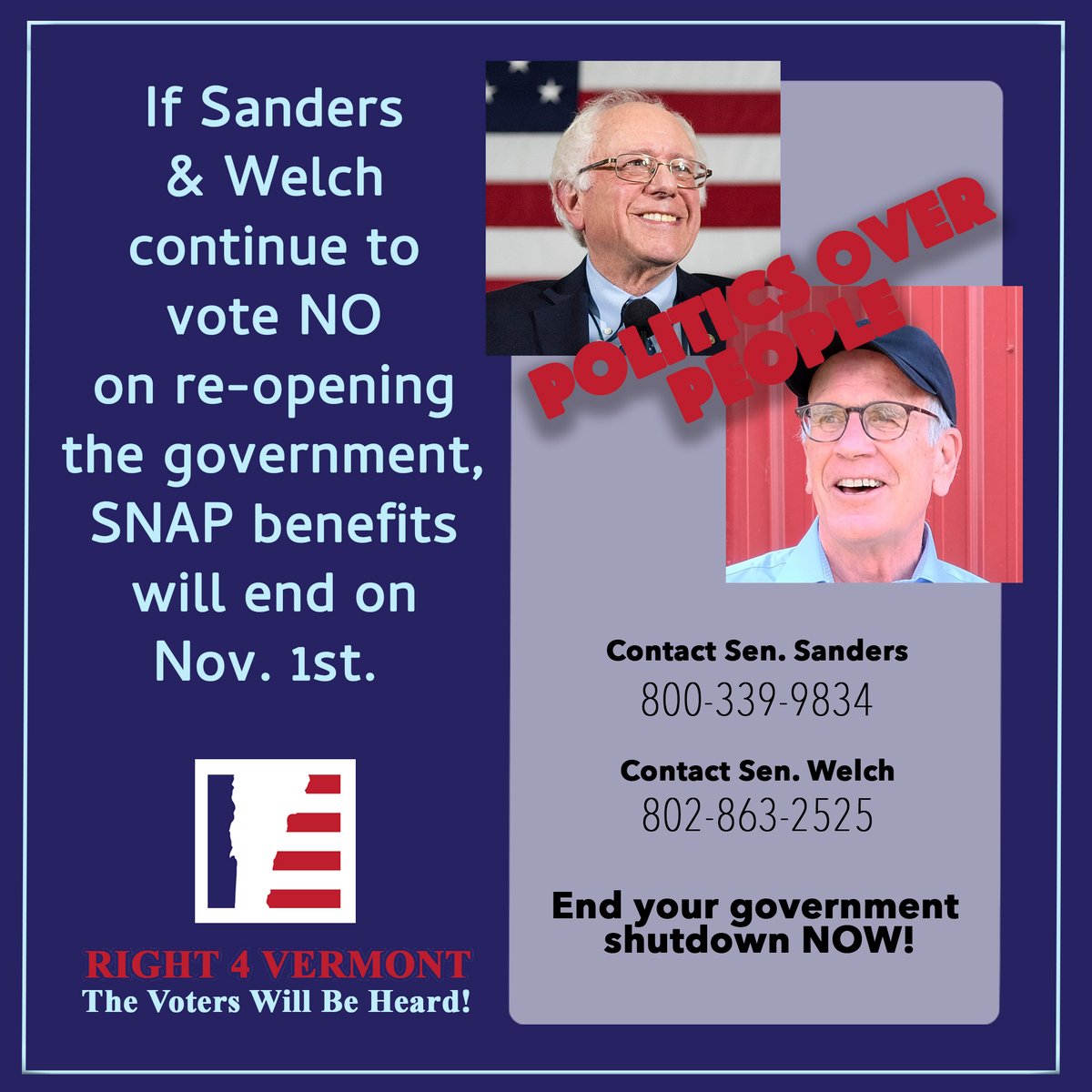 And LIHEAP benefits are at risk as well. Seven Democrats/independents need to vote with Republicans to end the Schumer filibuster and reopen the government. If these two continue to vote NO, Vermonters will end up cold and hungry. #vtpoli <a href="/VTGOP/">VT Republican Party</a>